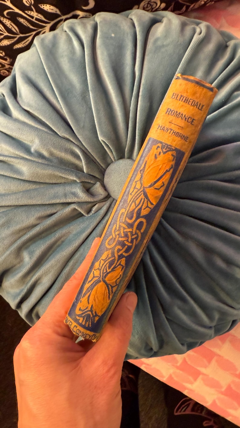 Pu&ograve; includere: Un libro d'epoca intitolato "Blithedale Romance" di Hawthorne. Il dorso del libro &egrave; di colore arancione chiaro con motivi decorativi blu e oro. Il libro &egrave; tenuto contro un cuscino di velluto blu chiaro.