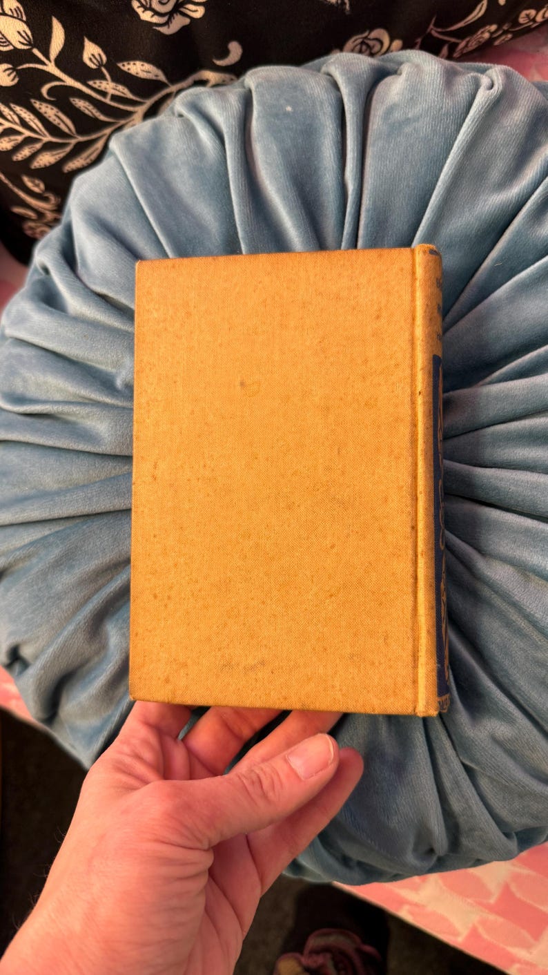 Pu&ograve; includere: Un libro vintage con una copertina color senape e un dorso blu. Il libro &egrave; tenuto in mano e poggia su un cuscino di velluto blu chiaro. La copertina ha un aspetto strutturato, che suggerisce et&agrave; e utilizzo.