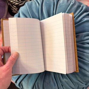Pu&ograve; includere: Un taccuino a righe con una copertina marrone, aperto per rivelare pagine bianche. Le pagine hanno linee orizzontali blu. Il taccuino &egrave; aperto. Lo sfondo include un cuscino di velluto blu e un cuscino fantasia.