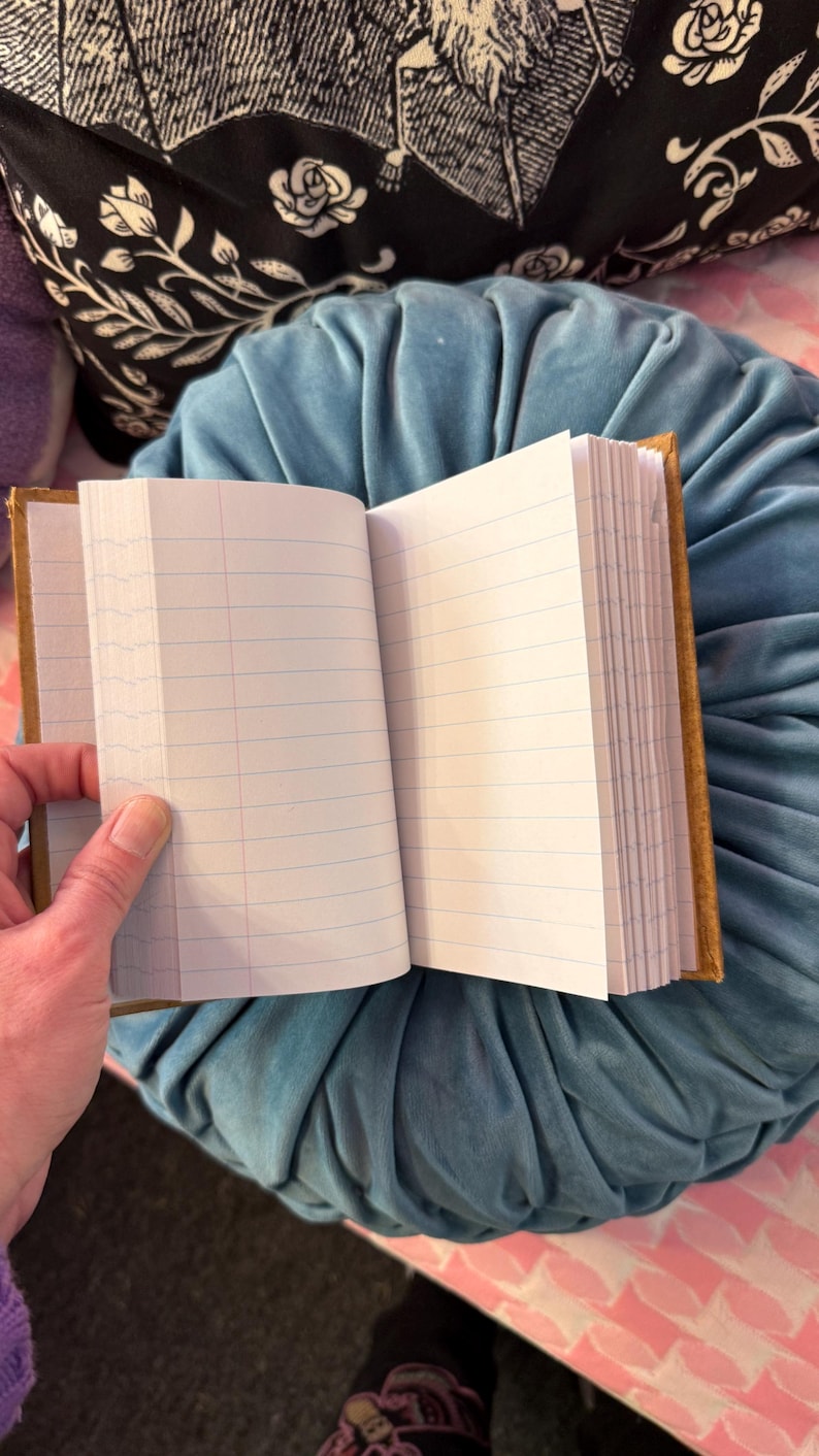 Pu&ograve; includere: Un taccuino a righe con una copertina marrone, aperto per rivelare pagine bianche. Le pagine hanno linee orizzontali blu. Il taccuino &egrave; aperto. Lo sfondo include un cuscino di velluto blu e un cuscino fantasia.