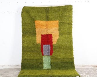 Custom Olive Green Wool Rug: Moroccan Abstract Handmade Rug