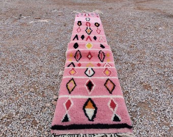 Handmade Pink Moroccan Runner Rug: Berber Wool Hallway Carpet
