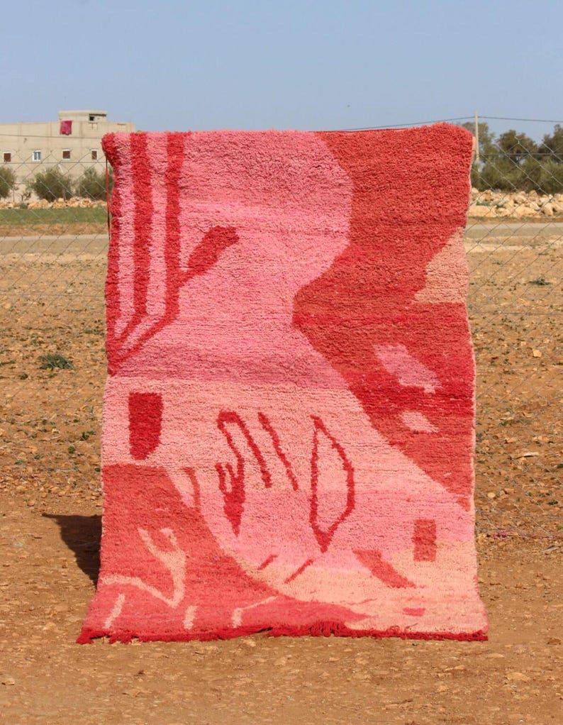 May include: A rectangular, hand-woven rug with a vibrant, abstract design. The rug features a gradient of pink and red hues, with geometric and organic shapes. The rug is displayed outdoors, showcasing its texture and colour variations.