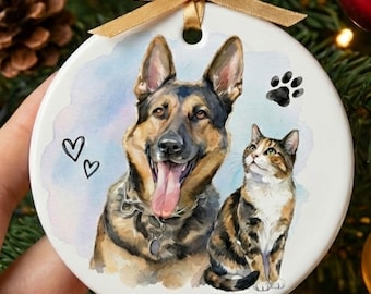 Personalized Watercolor Photo Pet Ornament, Watercolor Photo Dog and Cat First Christmas Gift for Dog Lover, New Puppy Memorial Keepsake