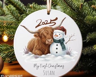 Highland Cow Ornament 2025, Personalized My First Christmas, Custom Name Snowman, Baby's Christmas Gift, Farmhouse Xmas Keepsake