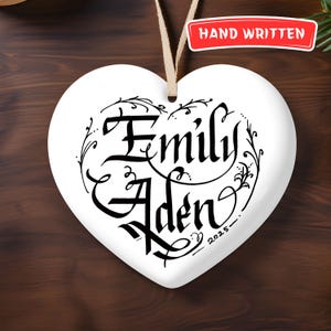 Calligraphy Handwriting Ceramic Heart Ornament, Custom Christmas Decor