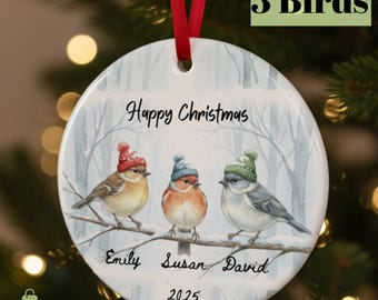 Personalized Family Christmas Ornament, 1–6 Birds on Branch, Custom Names Message, Robin Bird Bauble, Gift for Parents, Grandparents & Kids