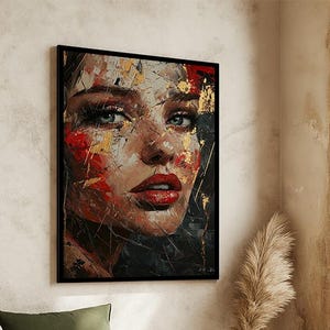 Bold Woman Canvas Art, Gold Leaf Wall Decor, Red Lips Portrait Print, Modern Aesthetic Artwork, Glamorous Wall Art, Luxury Home Decor