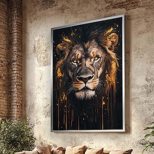 Impression sur toile lion majestueux - art animalier noir et or audacieux - magnifique tableau chat sauvage - décoration murale de luxe moderne pour la maison et le bureau