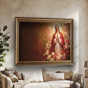 Virgin Mary in Rose Garden Canvas | Catholic Rosary Prayer Wall Art | Sacred Heart Floral Canvas Print | Christian Religious Home Decor Gift