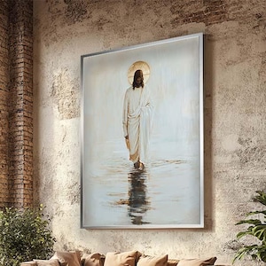 Jesus Walking on Water Canvas Print, Abstract Christian Wall Art, Faith Based Decor, Religious Art, Spiritual Home Gift, White Jesus Canvas