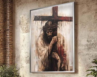 Jesus Carrying the Cross Canvas, Crown of Thorns Art, Christian Wall Decor, Religious Home Artwork, Passion of Christ, Easter Gift