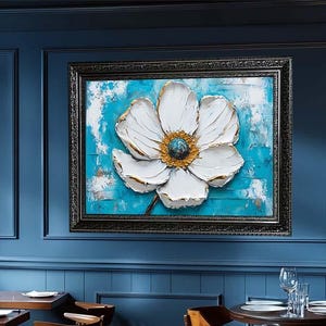 White Flower Wall Art with Gold Accents – Bold Floral Artwork on Turquoise Blue Background – Modern Ready-to-Hang Canvas Wall Decor