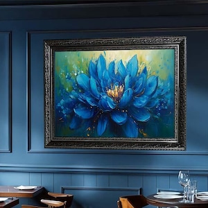 Large Blue Flower Wall Art – Bold Modern Floral Artwork with Golden Center on Green Teal Background – Ready-to-Hang Canvas Wall Decor