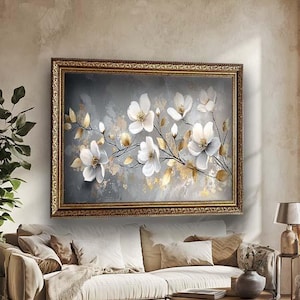 Gold Leaf White Floral Wall Art – Elegant Modern Flower Canvas Wall Art on Gray Background – Ready to Hang Horizontal Canvas Wall Decor