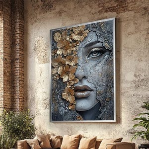 Gold Floral Woman Canvas Art, Flower Female Portrait, Luxury Wall Decor, Elegant Black and Gold Artwork, Modern Statement Home Print