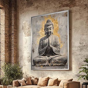 Minimalist Buddha Canvas Art - Zen Wall Decor - Gold & Gray Meditation Print - Spiritual Home Decor - Yoga Room Artwork - Peaceful Gift