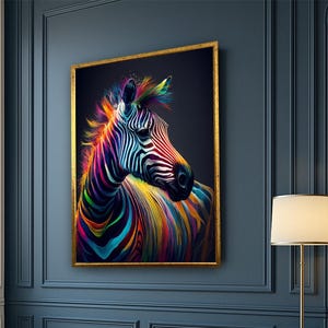 Colorful Zebra Canvas Wall Art - Vibrant Rainbow Striped Zebra Canvas Decor on Dark Background - Bold Wildlife Decor for Modern Interiors