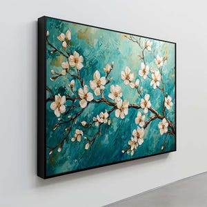 ターコイズブルーの白い桜のウォールアート – アクアブルーの背景に大胆な花の枝のキャンバス – すぐに掛けられるキャンバスウォールデコレーション