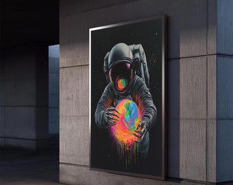 Psychedelic Astronaut Canvas | Colorful Universe and Planet Canvas Print | Cosmic Art Wall Decor | Graffiti Astronaut Ready to Hang Canvas