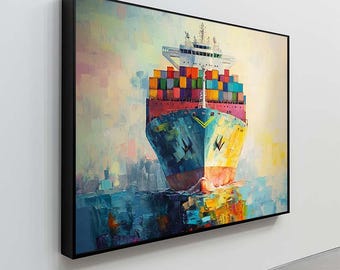 Colorful Cargo Ship Canvas Wall Art | Nautical Ocean Canvas Print | Bold Maritime Home Decor | Container Vessel Canvas Wall Decor
