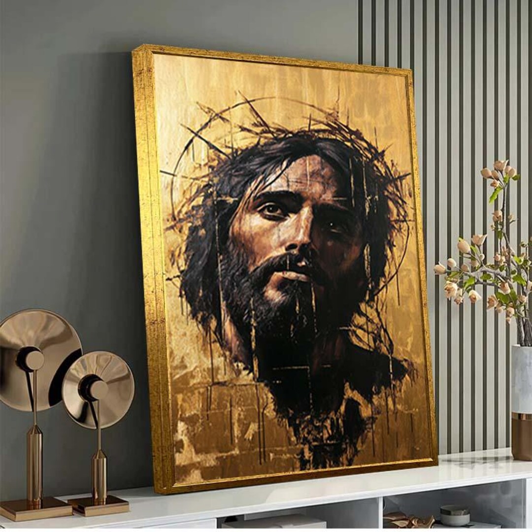 Jesus Christ Canvas, Gold and Black Christian Art, Crown of Thorns Wall ...