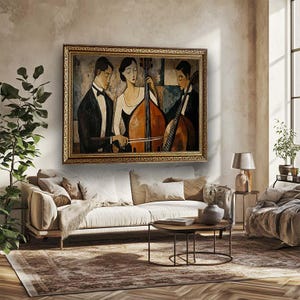 Abstract Musician Trio Canvas | Cubist Jazz Wall Art Print | Vintage Style Cello Double Bass Canvas Wall Art | Modern Music Room Decor