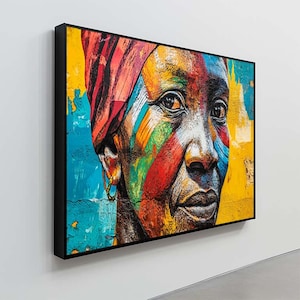 Colorful African Woman Canvas Wall Art, Bold Portrait with Tribal Vibes, Vibrant Cultural Face Canvas Print, Afro Expressionist Home Decor