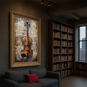 Rustic Violin Canvas Art, Musical Notes Background Abstract Musical Instrument Canvas Wall Decor, Vintage Style Musician Home Decoration