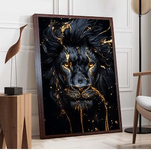 Impression sur toile Lion noir doré - Art mural animal sauvage royal - Toile abstraite de luxe - Décoration moderne et audacieuse pour la maison, le bureau et le salon