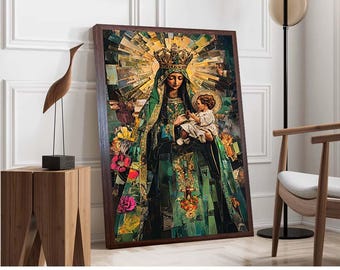 Virgin Mary and Child Wall Art - Gold Halo Religious Decor - Sacred Icon Canvas - Baroque Catholic Artwork - Divine Spiritual Print