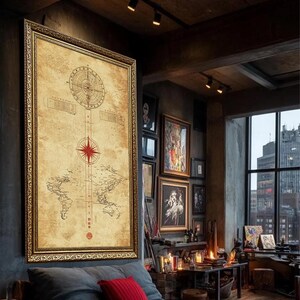 carte du monde chinoise vintage sur toile | Art mural boussole ancienne | vieille carte inspirée de l'Asie | Décoration antique en toile de navigation