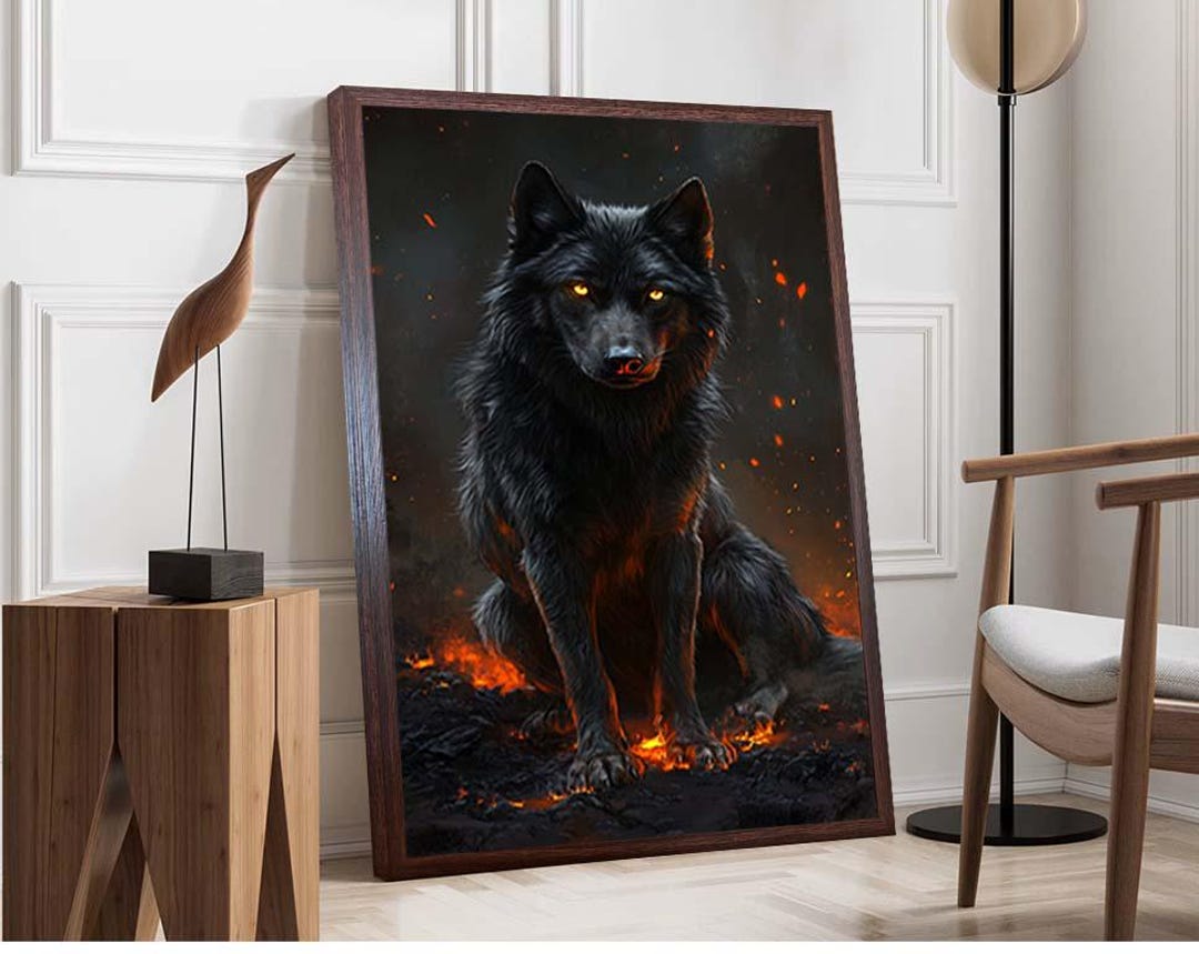 Mystical Black Wolf Canvas - Fiery Eyes Animal Art - Dark Fantasy Wall ...