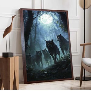 Mystical Wolf Pack Canvas Wall Art – Dark Forest Wolves Under Full Moon – Gothic Fantasy Animal Print for Home & Office Decor - Wolf Canvas