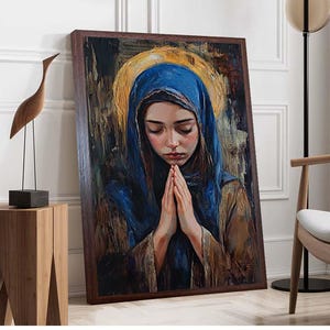 Sacred Prayer Canvas, Virgin Mary Inspired Canvas, Renaissance Religious Wall Decor, Blue Veil Spiritual Print, Divine Feminine Canvas Print
