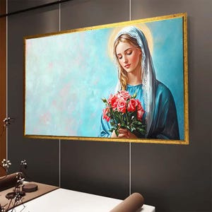 Virgin Mary Holding Roses Canvas | Pastel Religious Wall Art | Holy Mother Spiritual Canvas Decor | Catholic Christian Home Decor Gift