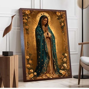 Art mural Vierge Marie en vitrail, impression Notre-Dame de Guadalupe, toile religieuse mosaïque, décoration spirituelle catholique, oeuvre d'art pour la salle de prière