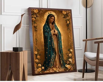 Stained Glass Virgin Mary Wall Art, Our Lady of Guadalupe Print, Mosaic Religious Canvas, Catholic Spiritual Decor, Prayer Room Artwork