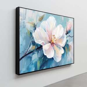 Soft Blush Floral Canvas – Romantic White Flower with Pink and Peach Petals on Light Blue Background Canvas – Ready to Hang Canvas Wall Art