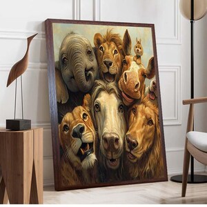 面白い動物のグループの壁アート - 気まぐれな農場とサファリのキャンバス - 幸せな野生動物のプリント - かわいい動物の友達のポートレート - 遊び心のある装飾