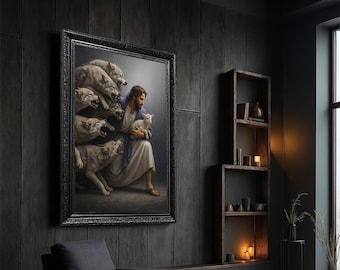 Divine Protection Canvas Art, Religious Canvas for Faith, Jesus Protecting the Lamb from the Wolves Art, Spiritual Art, Christian Symbolism