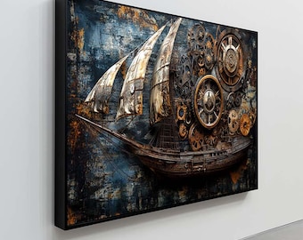 Steampunk Ship Wall Art, Nautical Equipment Decor, Industrial Vintage Sailing Ship, Mechanical Boat Canvas Gift, Large Vintage Ship Canvas