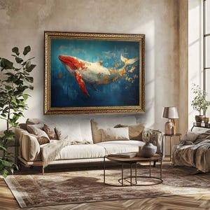 Arte de parede de baleia moderna – Tela de animal abstrato do oceano – Impressão de baleia jubarte azul, vermelha e dourada – Decoração de vida marinha para casas costeiras ou náuticas