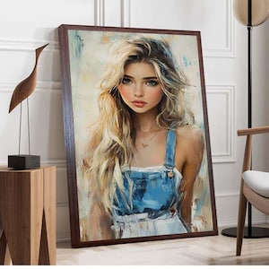 Blonde Woman Canvas Art, Blue Eyes Wall Decor, Female Portrait Print, Modern Wall Art, Elegant Woman Artwork, Denim Aesthetic Canvas Decor