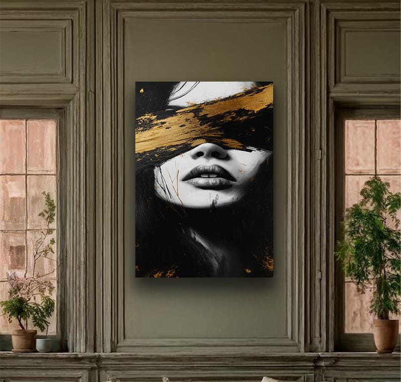 Luxury Gold Abstract Woman Canvas Print - Modern Black and White Wall ...