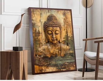 Rustic Buddha Canvas Art - Zen Wooden Wall Decor - Nature-Inspired Spiritual Print - Meditation Room Accent - Boho Home & Yoga Studio Art