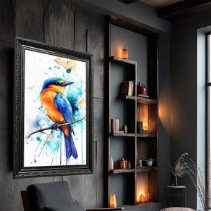 Colorful Abstract Bird Canvas Print – Vivid Blue and Orange Tiny Bird Wall Art – Modern Nature-Inspired Artwork for Home or Office