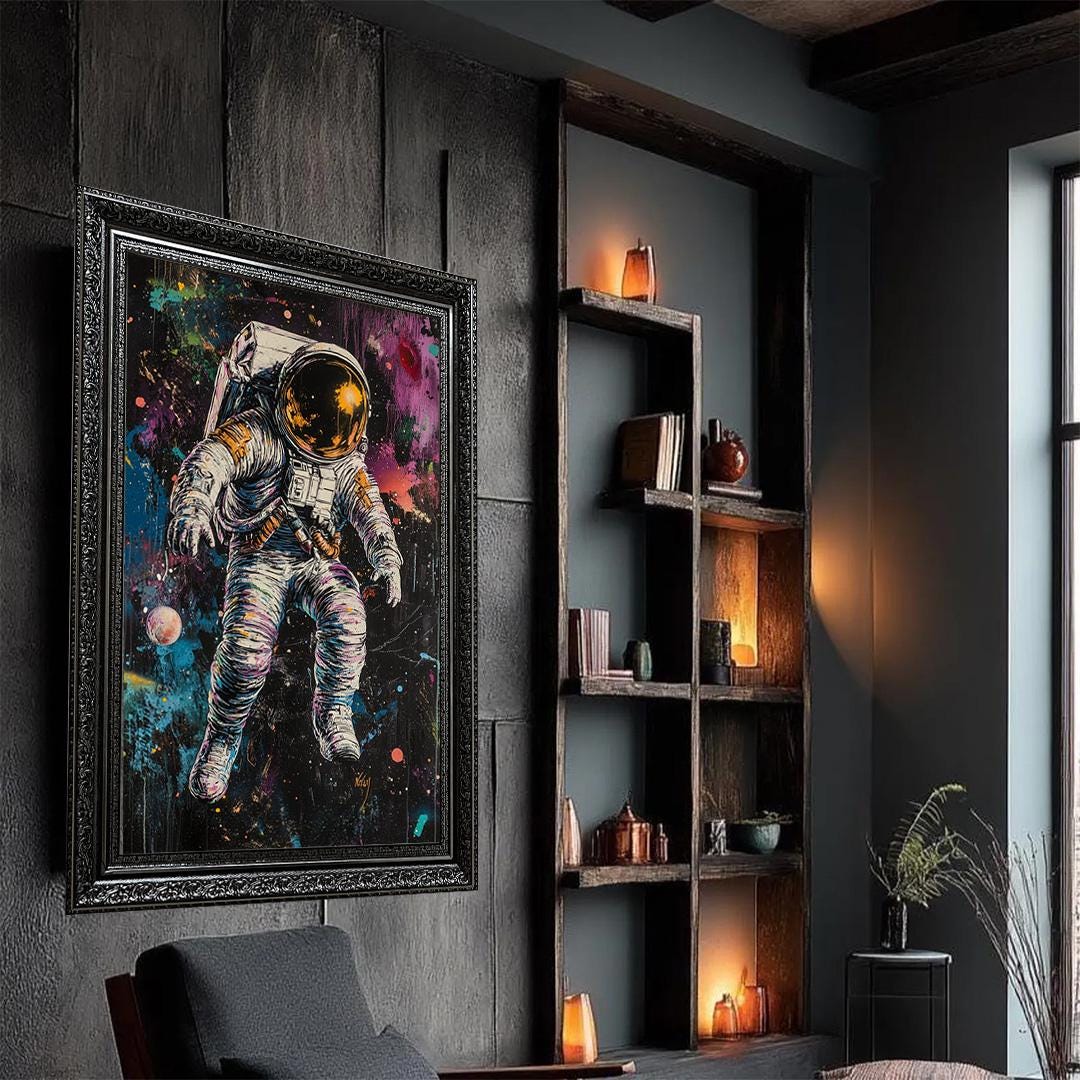 Colorful Astronaut Canvas Wall Art | Space Graffiti Style Galaxy Canvas Print | Psychedelic Space Wall Decor | Ready to Hang Cosmic Poster