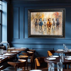 Running Horses Canvas Wall Art – Wild Horse Stampede Print – Abstract Equestrian Decor – Western Rustic Home or Office Statement Artwork