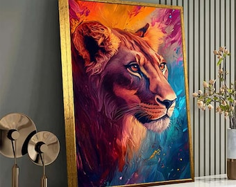 Majestic Lioness Wall Art - Abstract Jungle Canvas - Vibrant Wildlife Print - Fierce Big Cat Decor - Colorful Safari Artwork